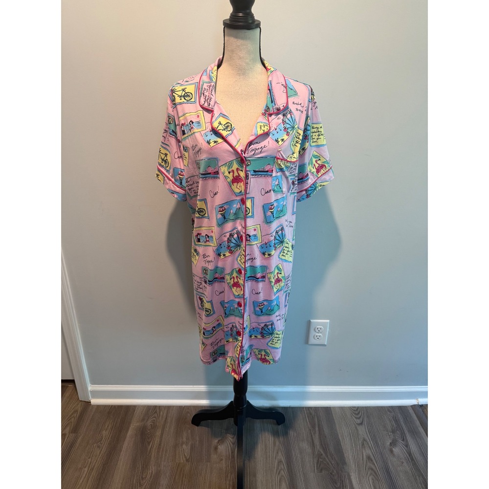 Munki Munki Pink Postcard Flamingo Print Sleep Shirt Nightgown Women's size XL